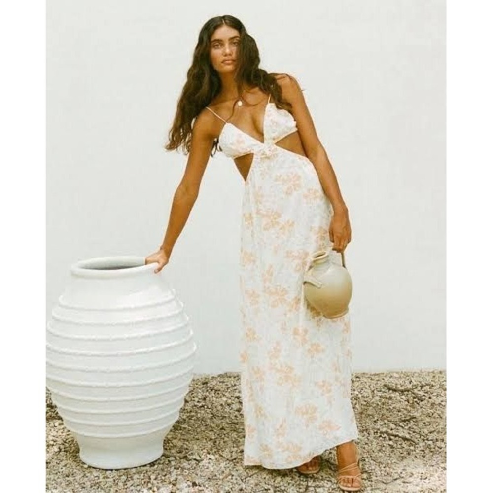 Sabo Women Maxi Dress Small White Cotton Floral Cut-out
